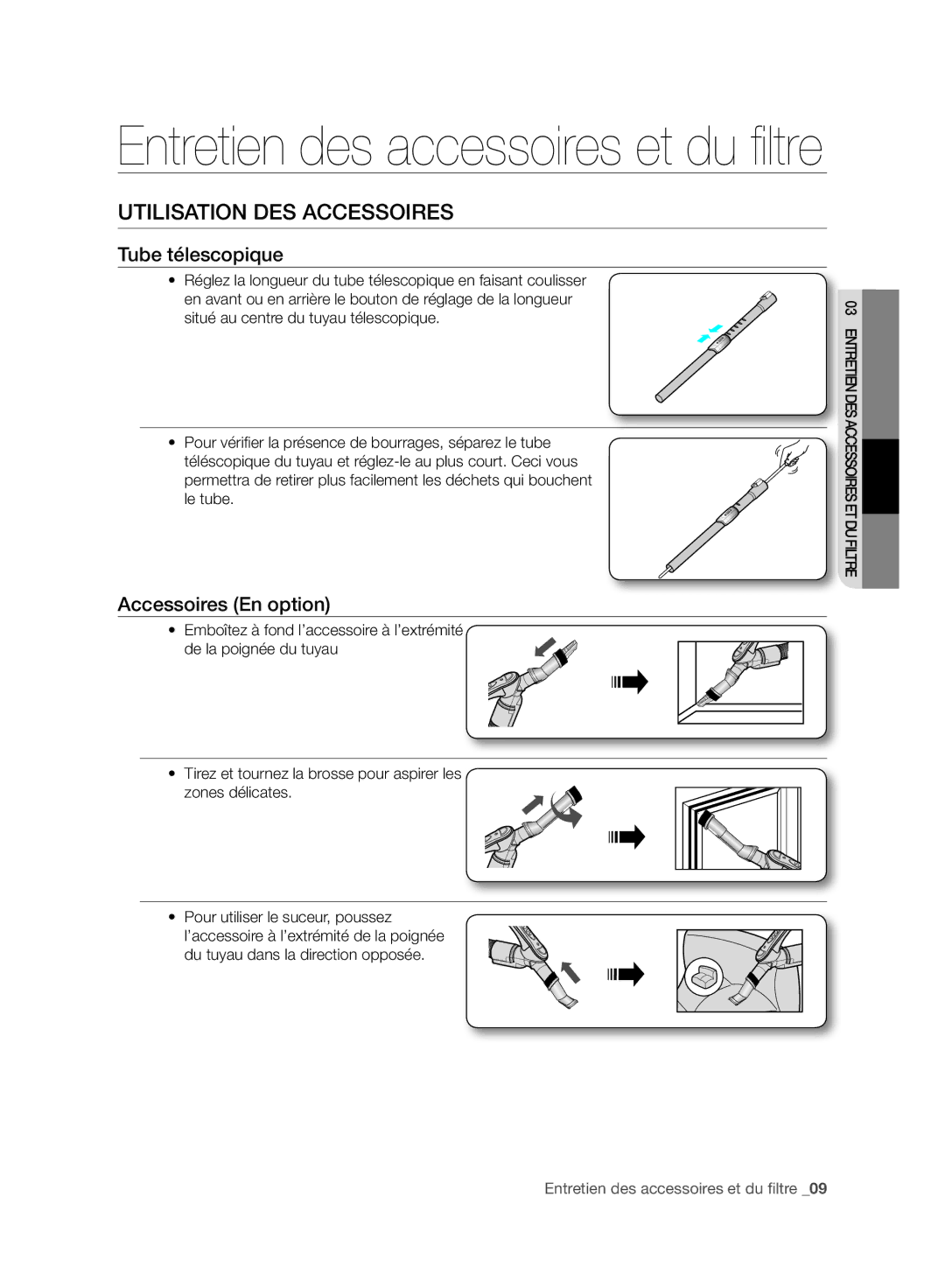 Samsung VC15RVNJGNC/EH, VC08QHNJGBB/EG manual Utilisation DES Accessoires, Tube télescopique, Accessoires En option 