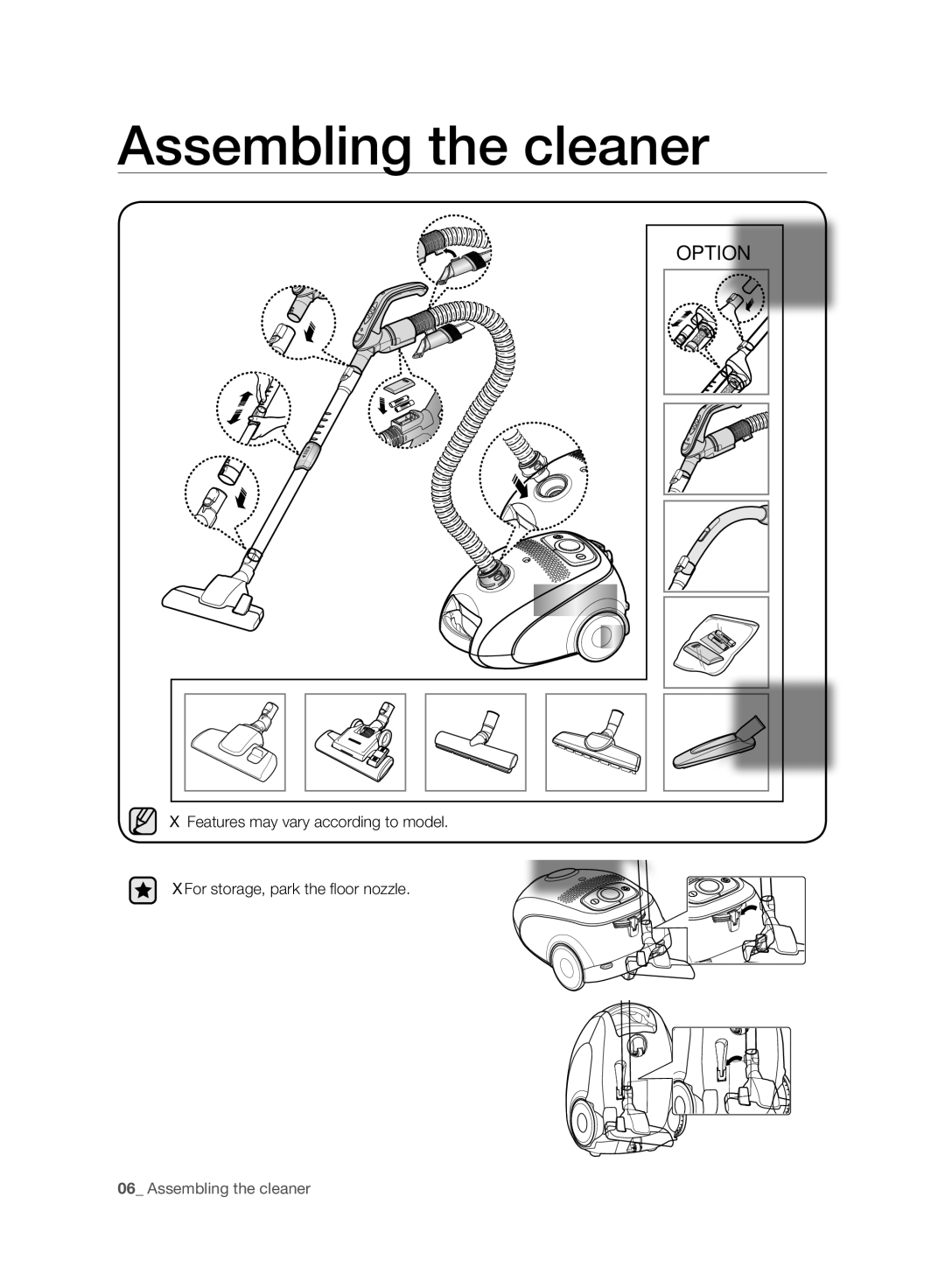 Samsung VC08QHNJGBB/EG, VC15RVNJGNC/OL, VC24AVNJGGT/EH, VC15RVNJGNC/EH, VC24AVNJGGT/SW manual Assembling the cleaner, Option 