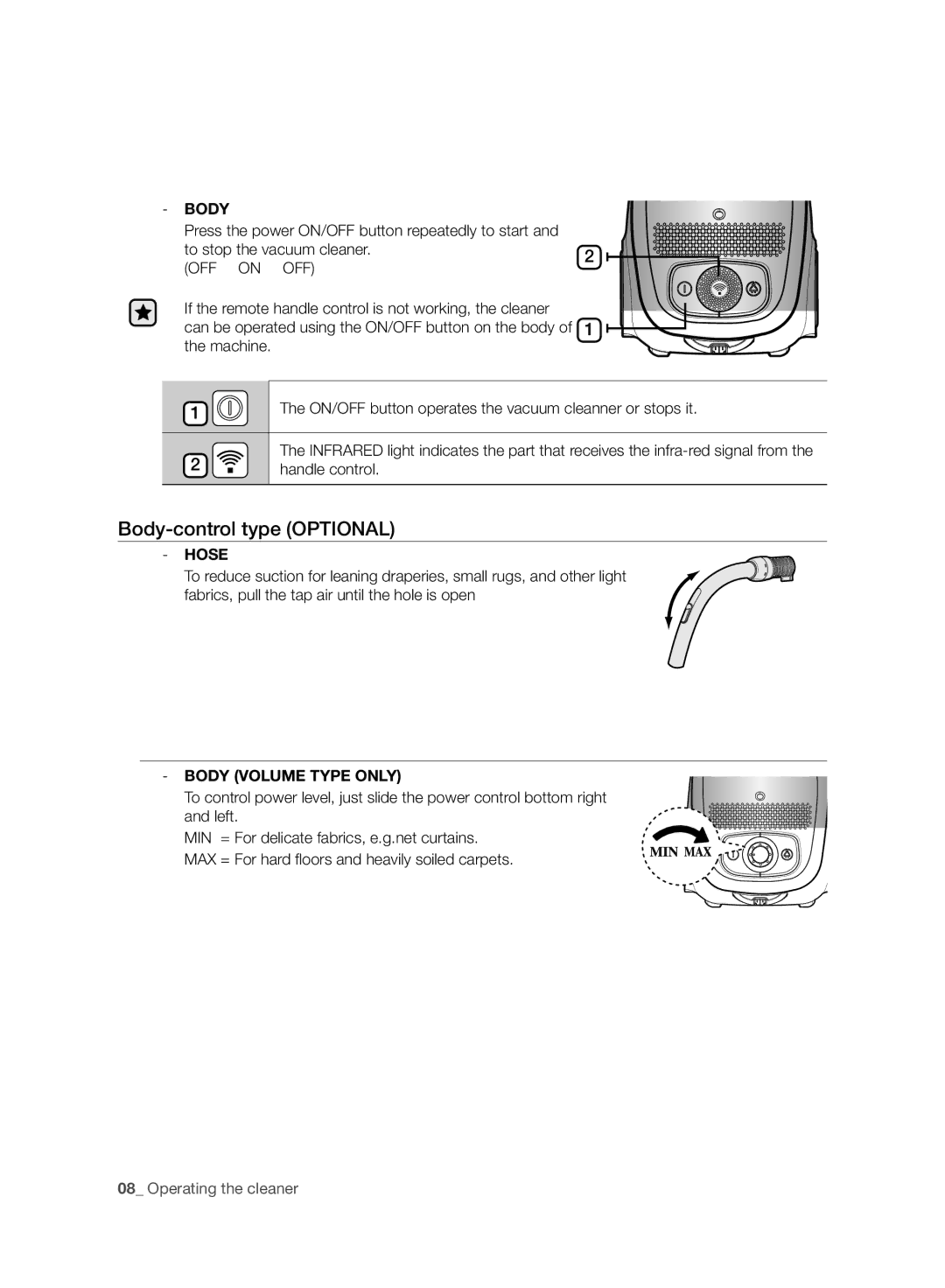 Samsung VC24AVNJGGT/EH, VC08QHNJGBB/EG, VC15RVNJGNC/OL, VC15RVNJGNC/EH Body-control type Optional, Body Volume Type only 