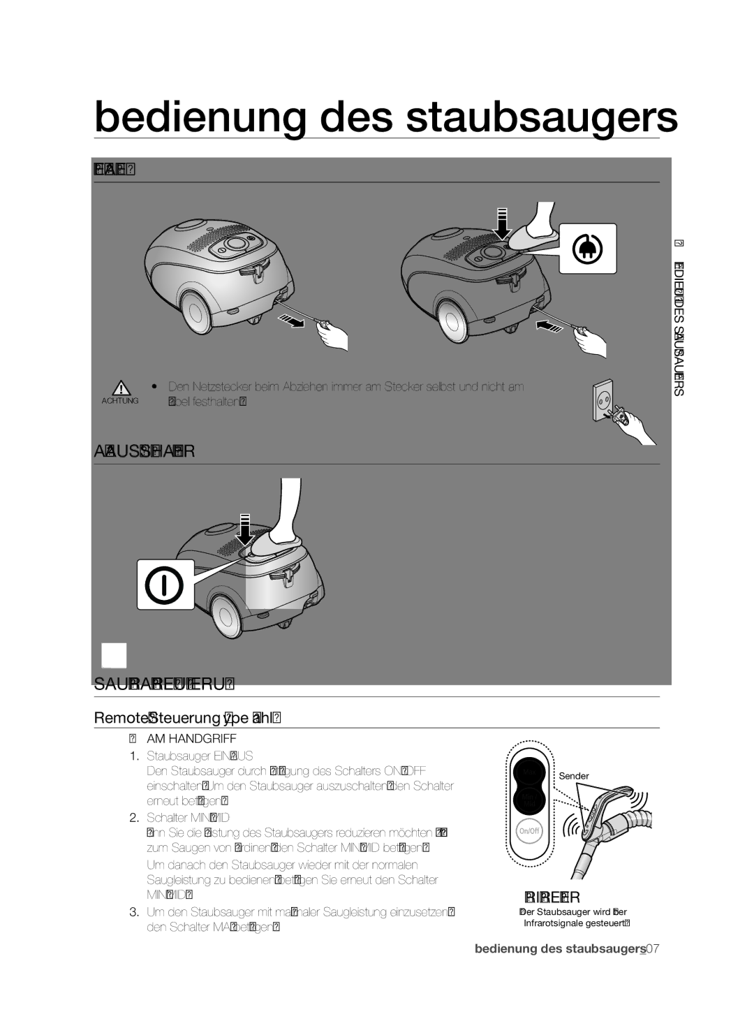 Samsung VC15RVNJGNC/OL, VC08QHNJGBB/EG, VC24AVNJGGT/EH Bedienung des staubsaugers, Netzkabel, Griffregler, AM Handgriff 