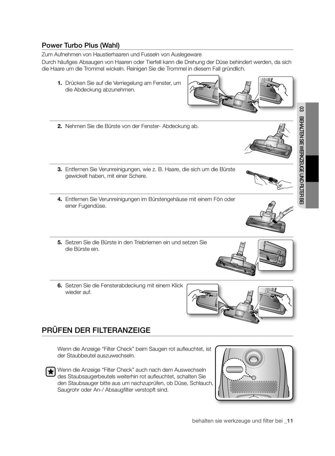 Samsung VC120HNJGBB/EG manual Prüfen DER Filteranzeige, Power Turbo Plus Wahl 