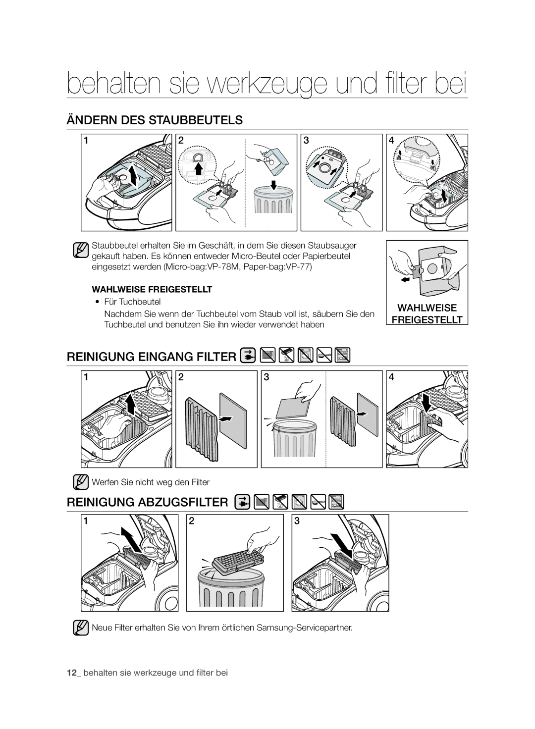 Samsung VC120HNJGBB/EG Ändern DES Staubbeutels, Reinigung Eingang Filter, Reinigung Abzugsfilter, Wahlweise Freigestellt 