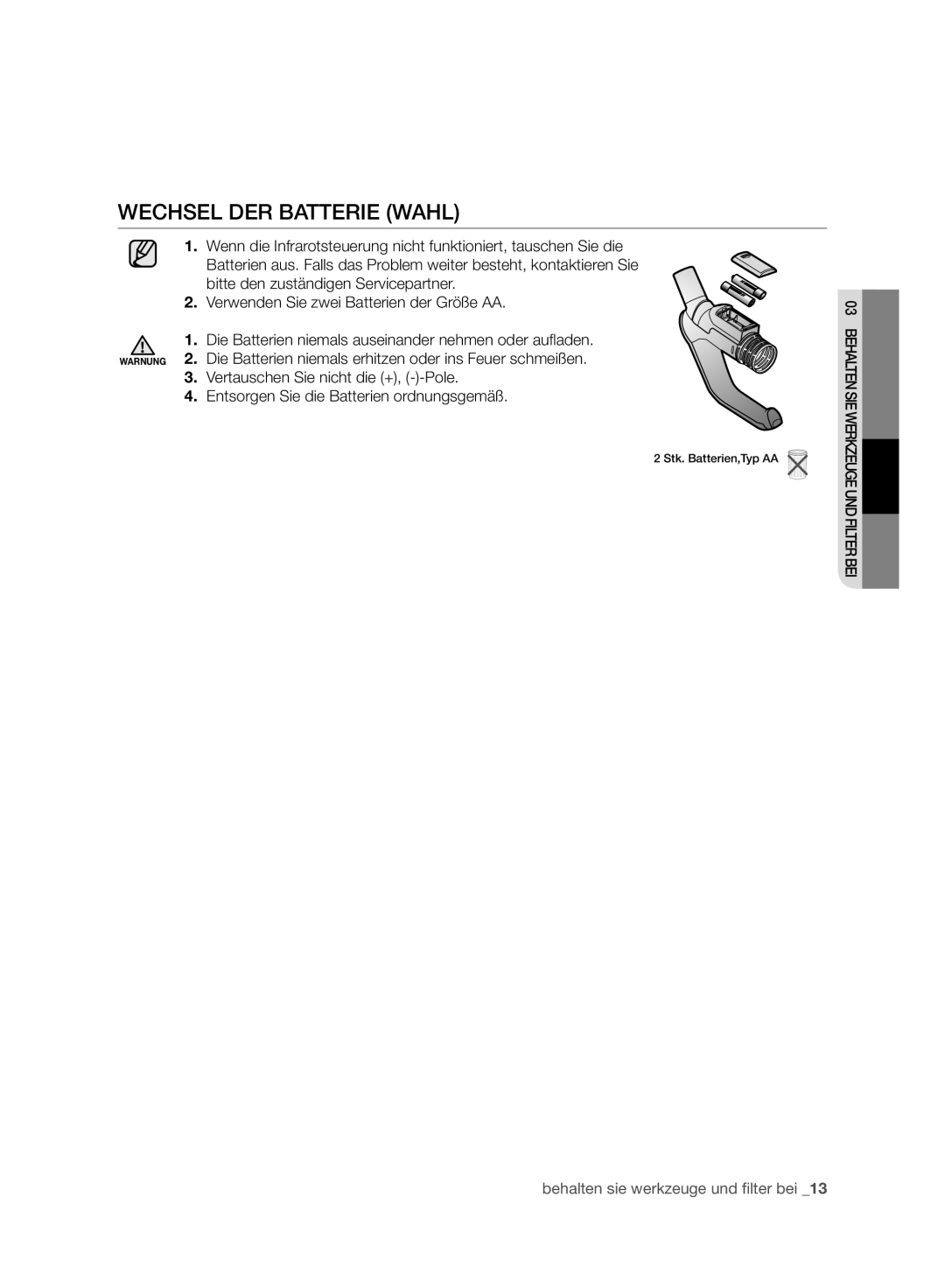 Samsung VC120HNJGBB/EG manual Wechsel DER Batterie Wahl 