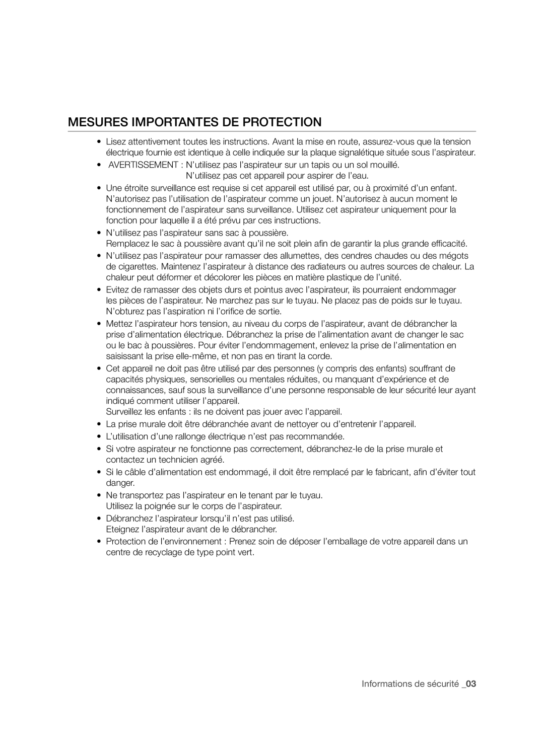 Samsung VC120HNJGBB/EG manual Mesures Importantes DE Protection 