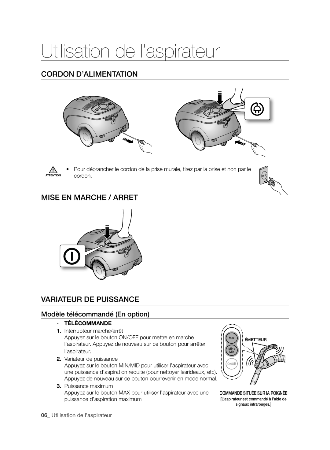 Samsung VC120HNJGBB/EG Utilisation de l’aspirateur, Cordon D’ALIMENTATION, Mise EN Marche / Arret Variateur DE Puissance 