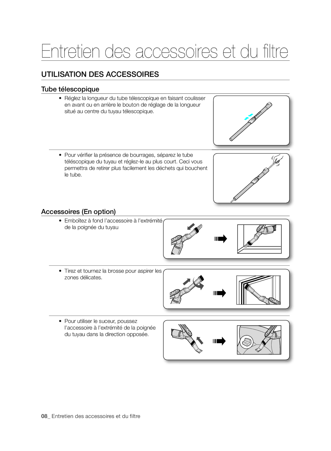 Samsung VC120HNJGBB/EG manual Utilisation DES Accessoires, Tube télescopique, Accessoires En option 