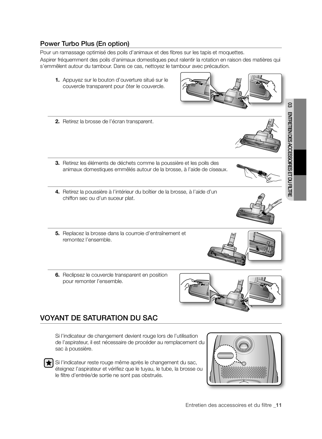 Samsung VC120HNJGBB/EG manual Voyant DE Saturation DU SAC, Power Turbo Plus En option 