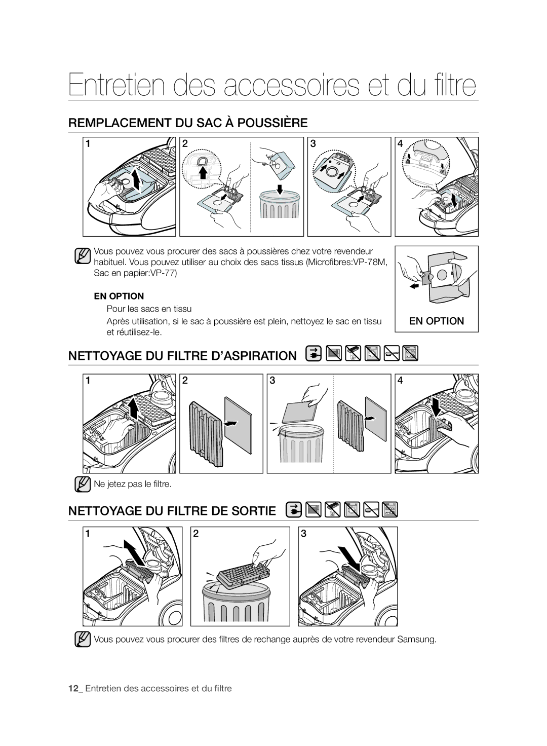 Samsung VC120HNJGBB/EG Remplacement DU SAC À Poussière, Nettoyage DU Filtre D’ASPIRATION, Nettoyage DU Filtre DE Sortie 