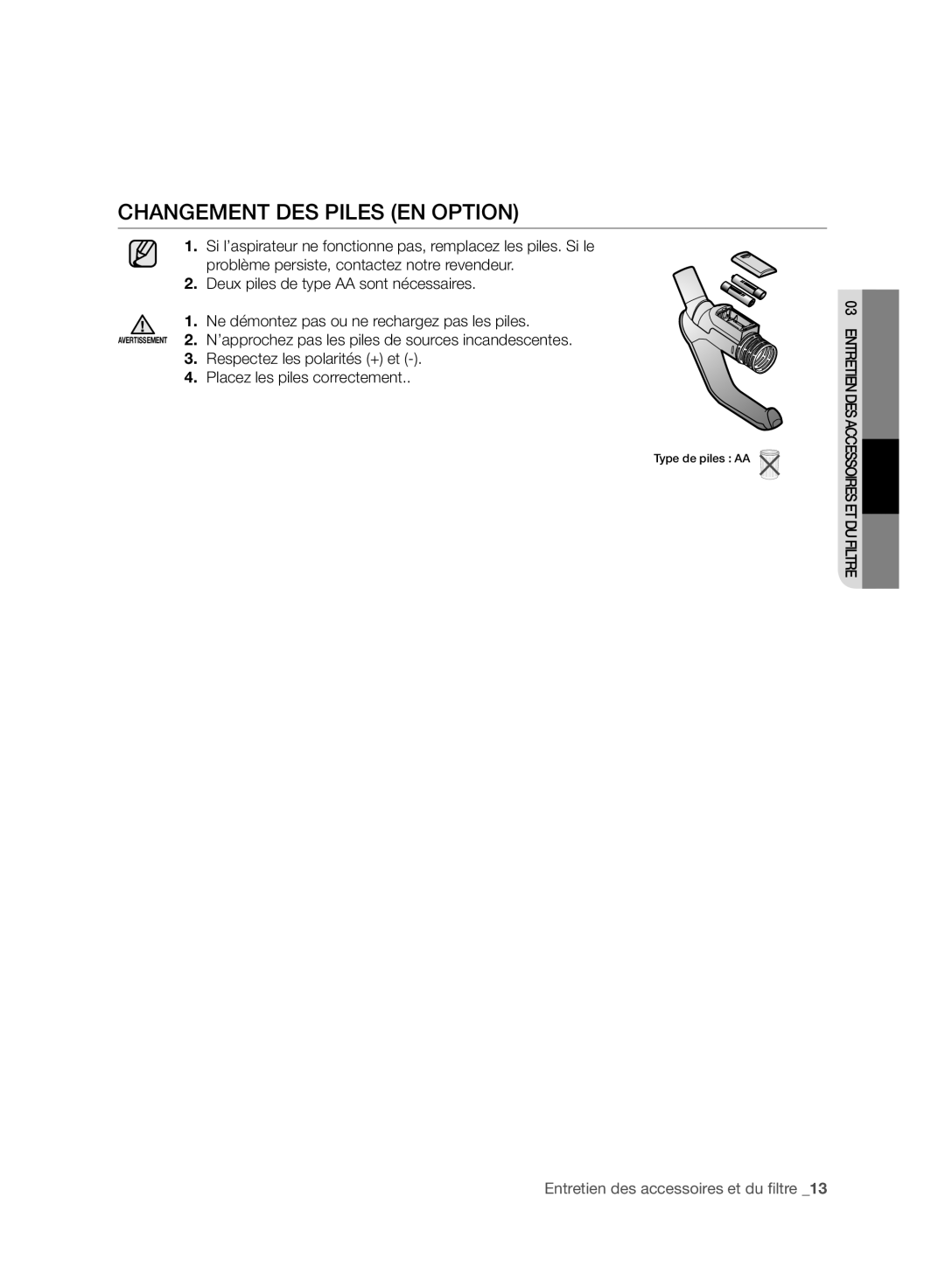 Samsung VC120HNJGBB/EG manual Changement DES Piles EN Option 