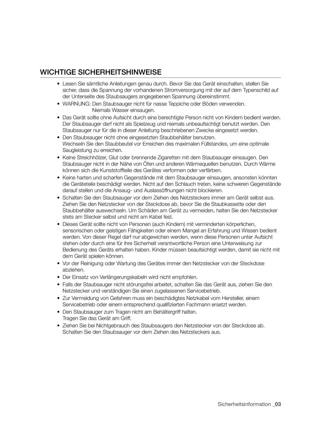 Samsung VC120HNJGBB/EG manual Wichtige Sicherheitshinweise 