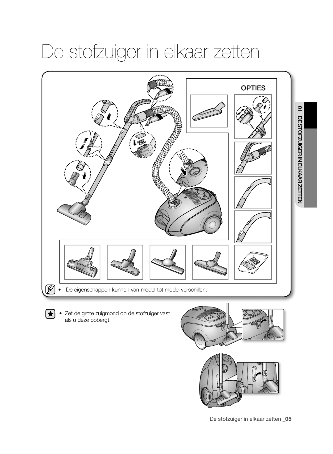 Samsung VC120HNJGBB/EG manual De stofzuiger in elkaar zetten, Opties 