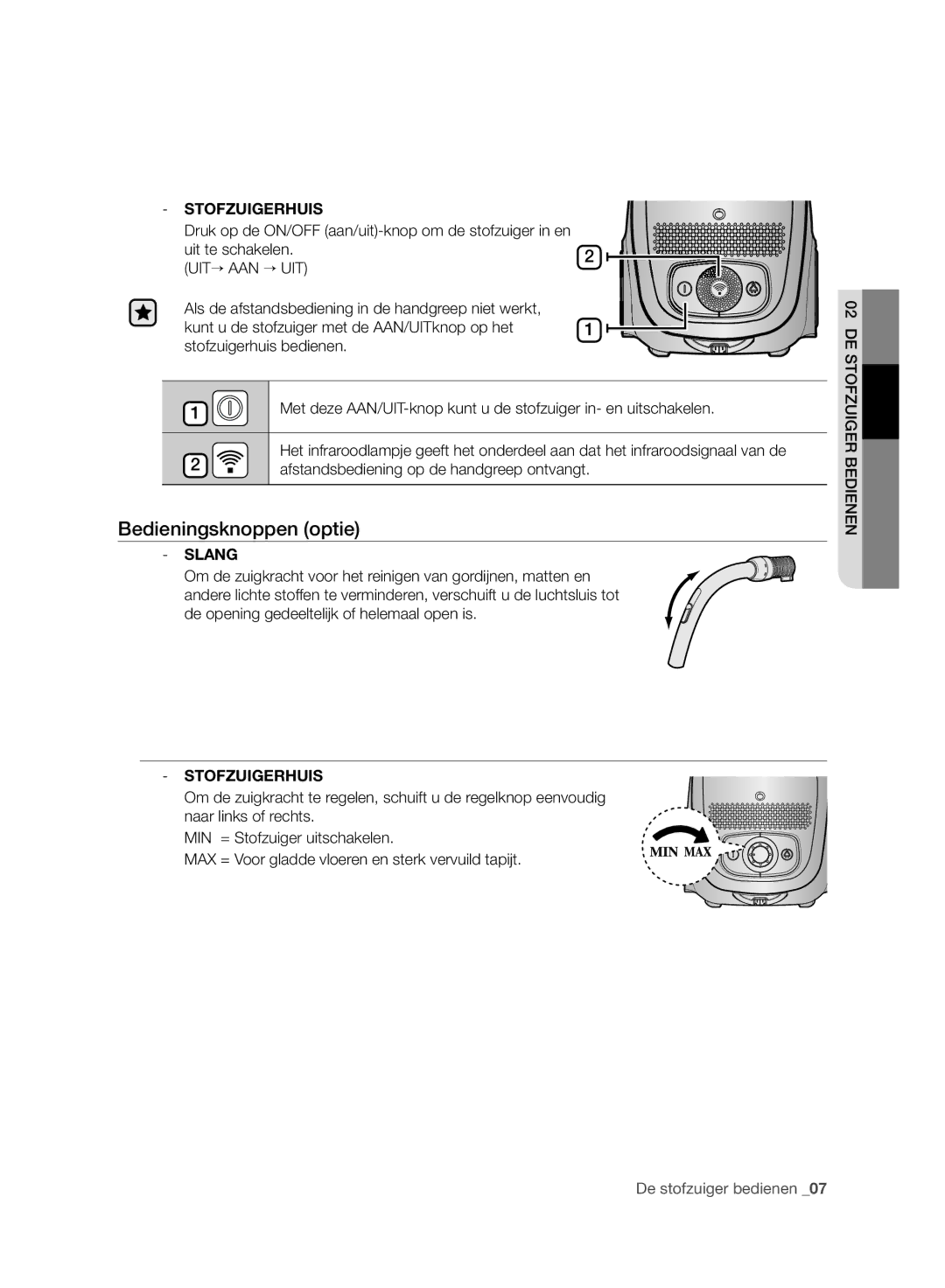 Samsung VC120HNJGBB/EG manual Bedieningsknoppen optie, Stofzuigerhuis 