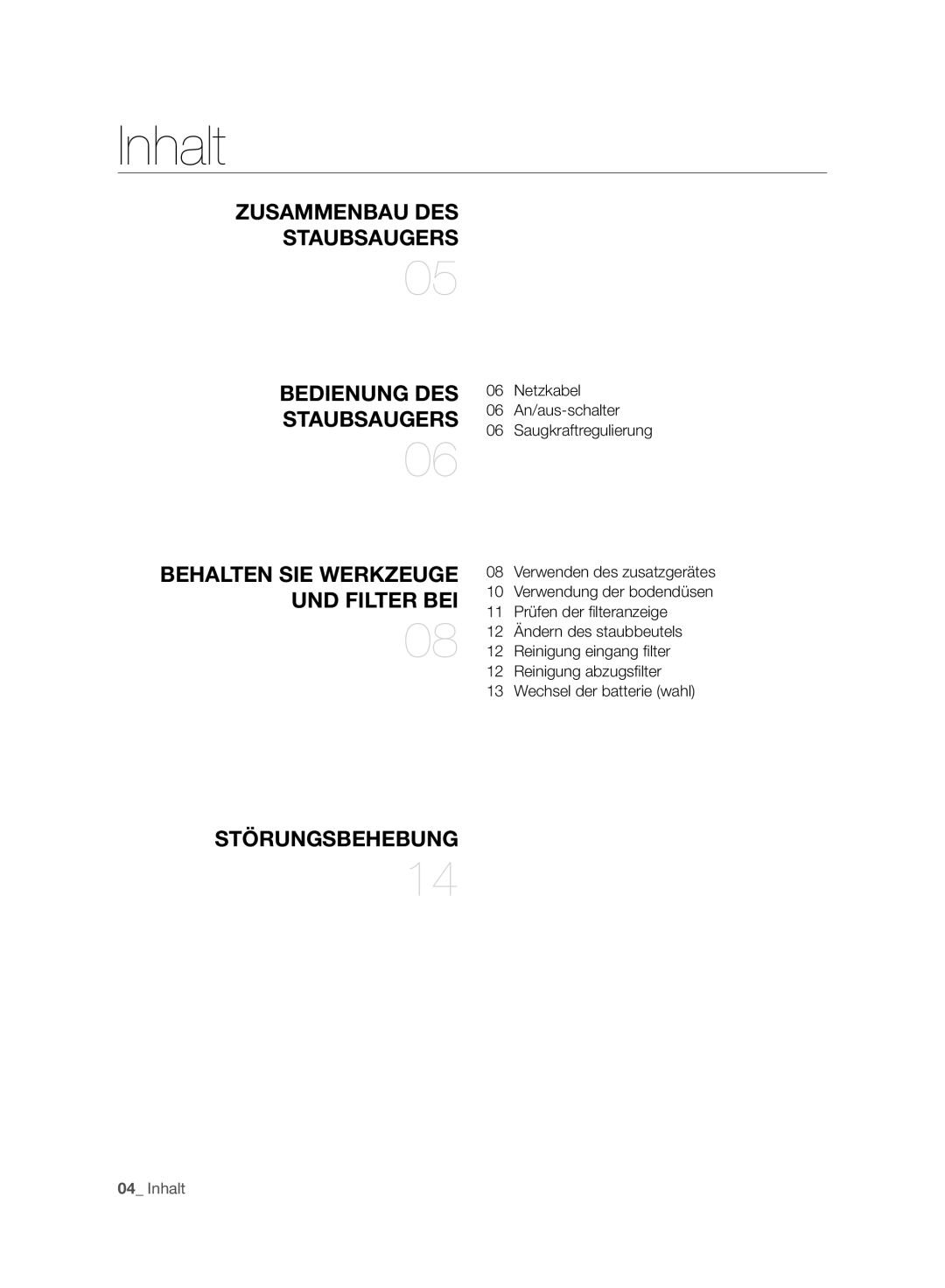 Samsung VC120HNJGBB/EG manual Inhalt, UND Filter BEI 