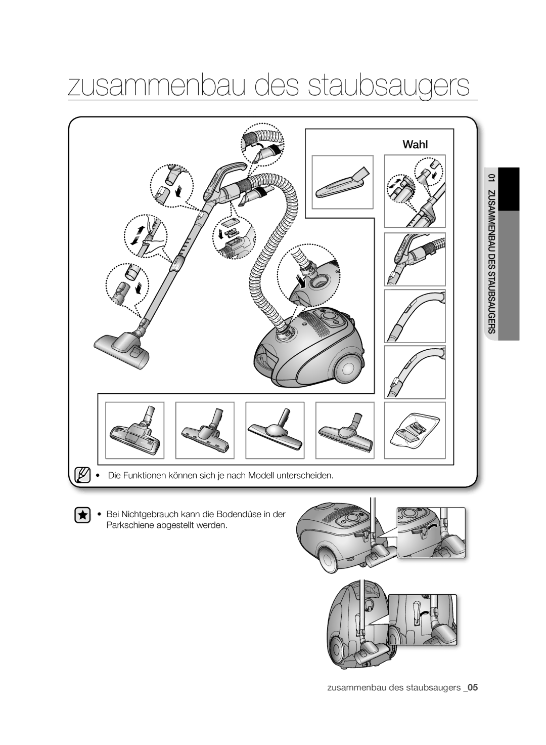 Samsung VC120HNJGBB/EG manual Zusammenbau des staubsaugers, Wahl 