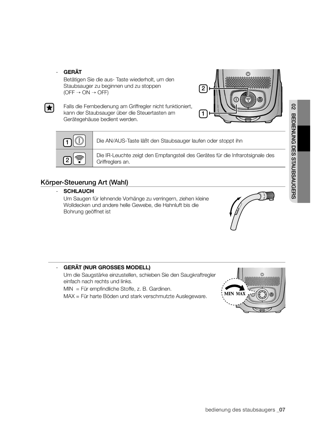 Samsung VC120HNJGBB/EG manual Körper-Steuerung Art Wahl, Schlauch, Gerät NUR Grosses Modell 