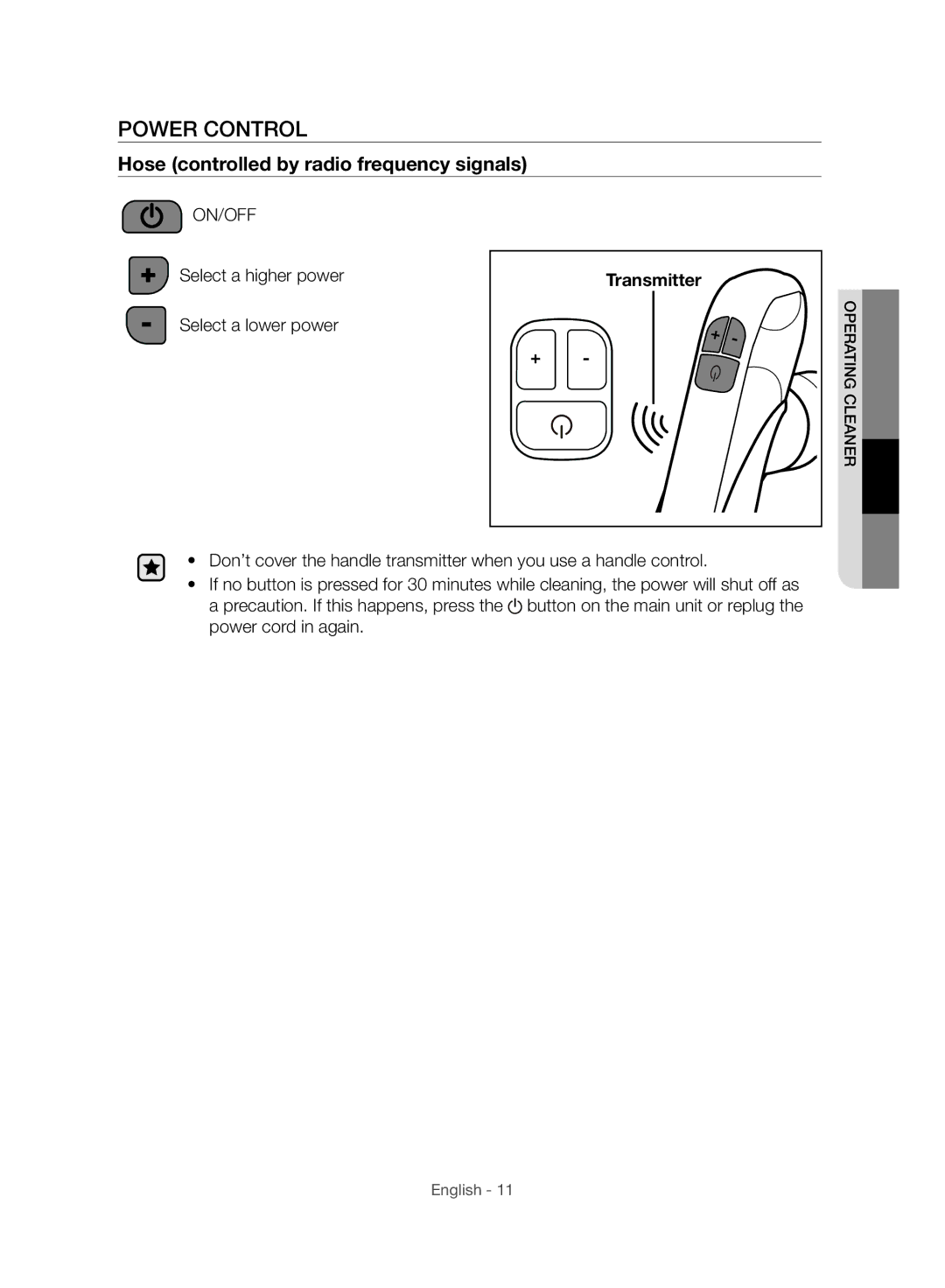 Samsung VC12H7050HD/ML manual Power Control, Hose controlled by radio frequency signals 