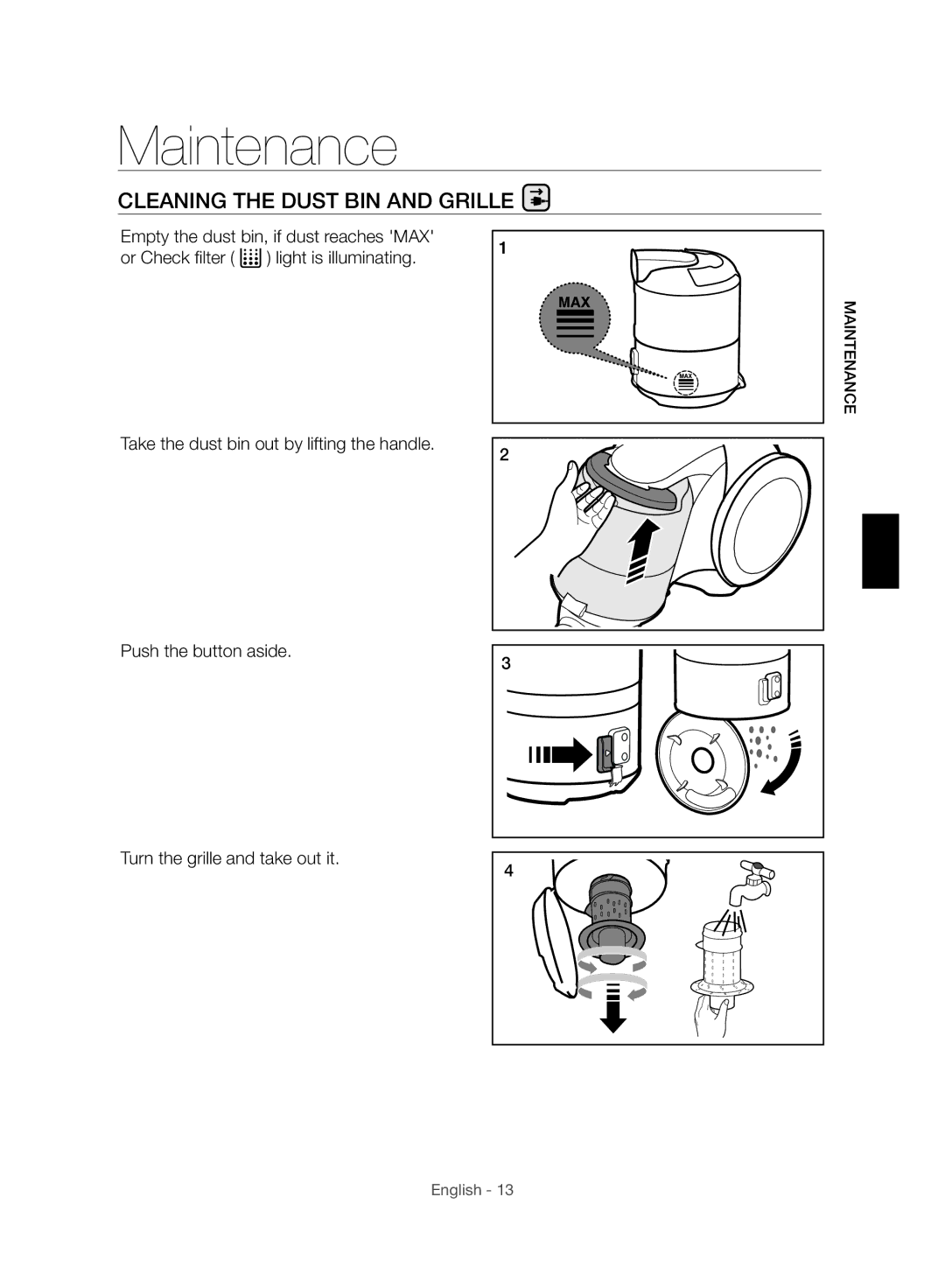 Samsung VC12H7050HD/ML manual Maintenance, Cleaning the Dust BIN and Grille 