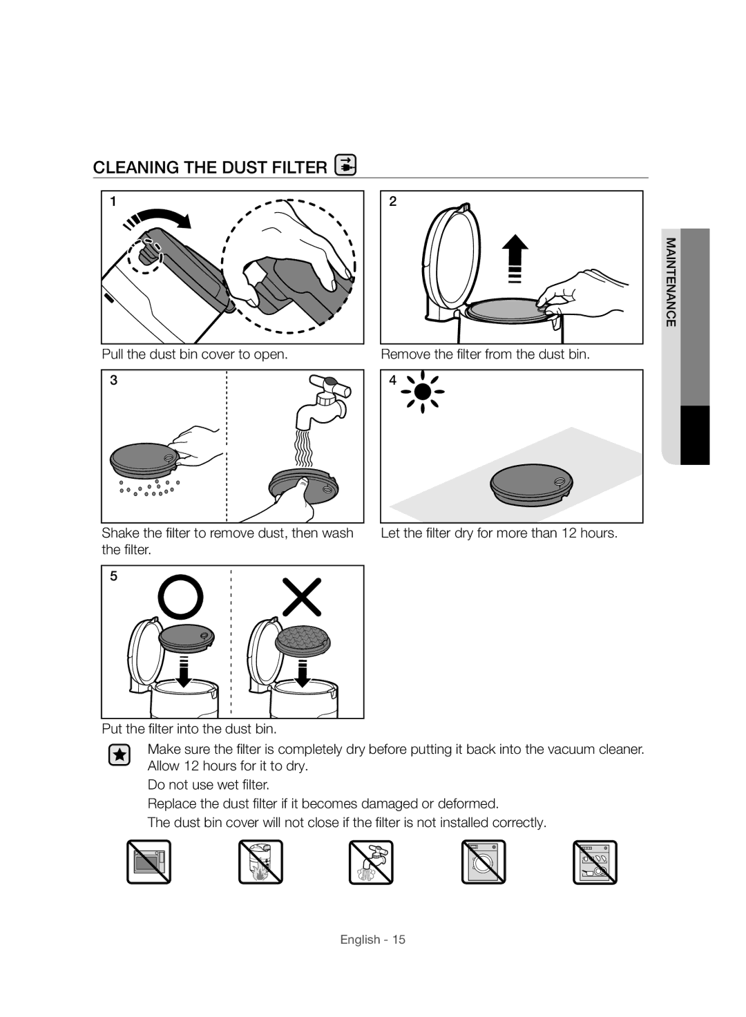 Samsung VC12H7050HD/ML manual Cleaning the Dust Filter 