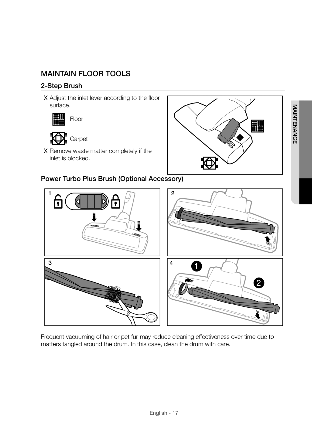 Samsung VC12H7050HD/ML manual Maintain Floor Tools, Step Brush, Power Turbo Plus Brush Optional Accessory 