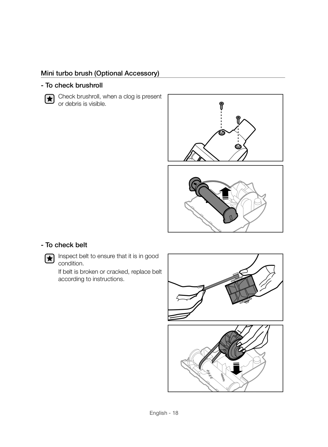 Samsung VC12H7050HD/ML manual Mini turbo brush Optional Accessory To check brushroll, To check belt 