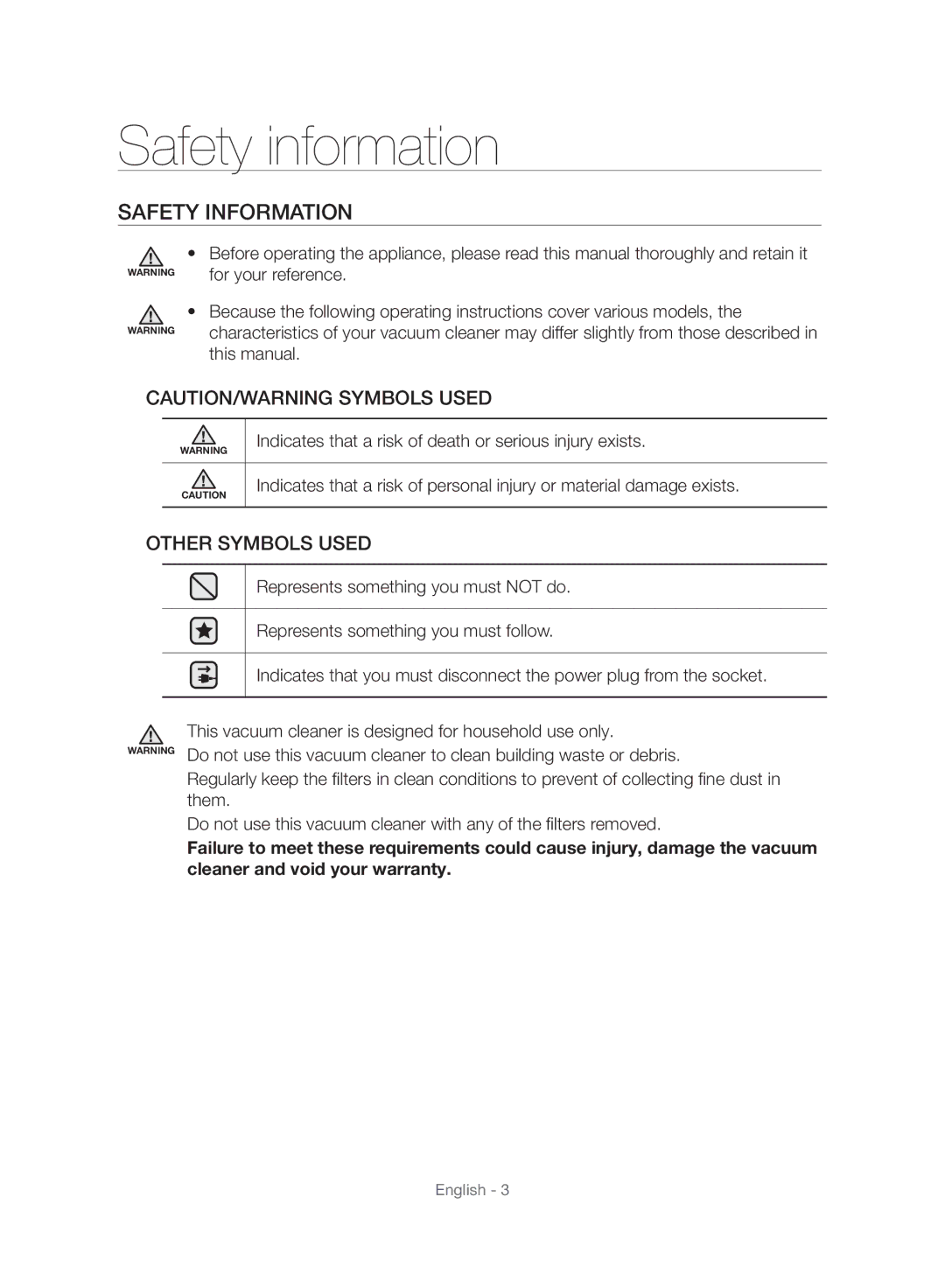 Samsung VC12H7050HD/ML manual Safety information, Safety Information 