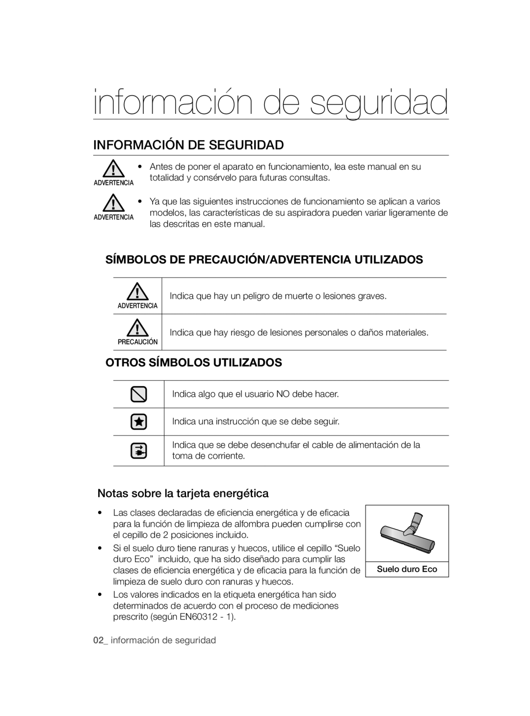 Samsung VC12QHNDCBB/EC manual Información de seguridad, Información DE Seguridad, Notas sobre la tarjeta energética 