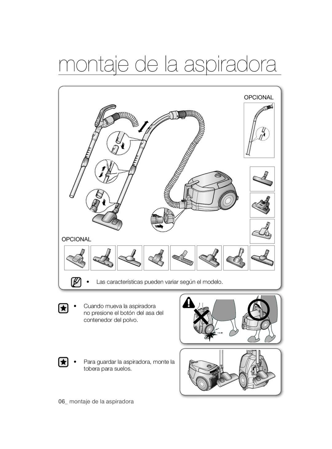 Samsung VC12QHNDCBB/EC, VC08QHNDCBB/EC manual Montaje de la aspiradora, Opcional 