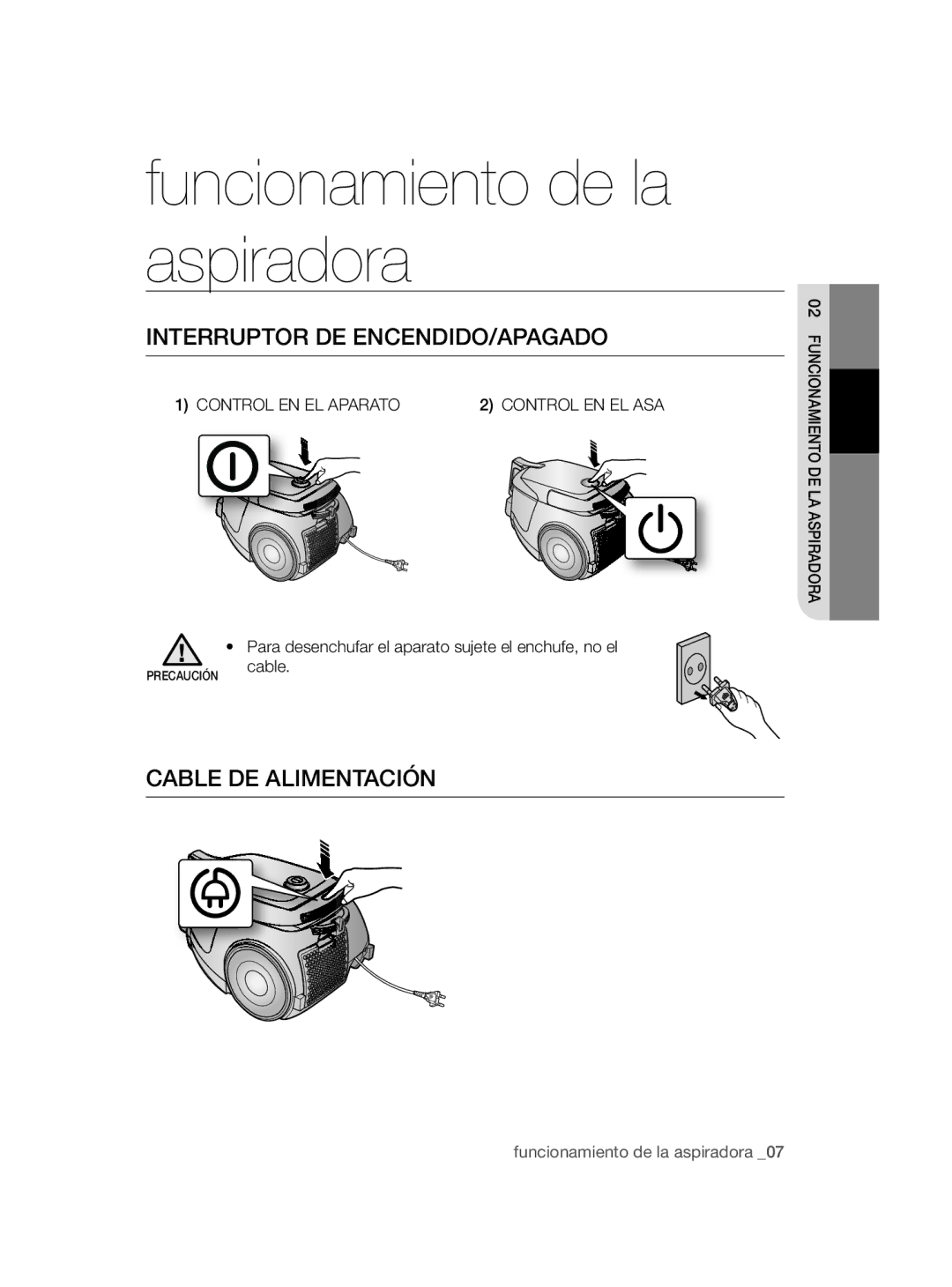 Samsung VC08QHNDCBB/EC manual Funcionamiento de la aspiradora, Interruptor DE ENCENDIDO/APAGADO, Cable DE Alimentación 