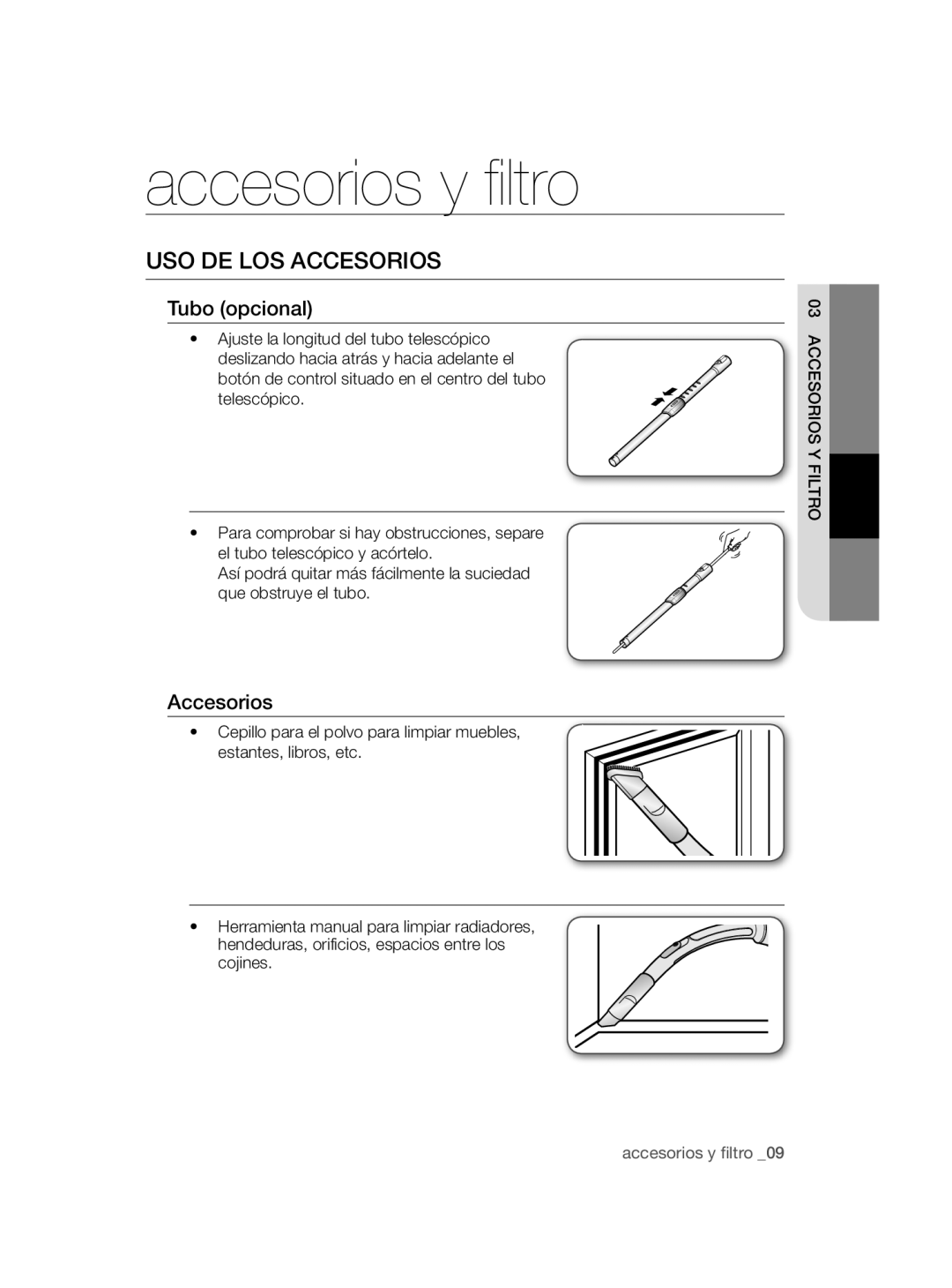 Samsung VC08QHNDCBB/EC, VC12QHNDCBB/EC manual Accesorios y filtro, USO DE LOS Accesorios, Tubo opcional, Accesorios Y Filtro 