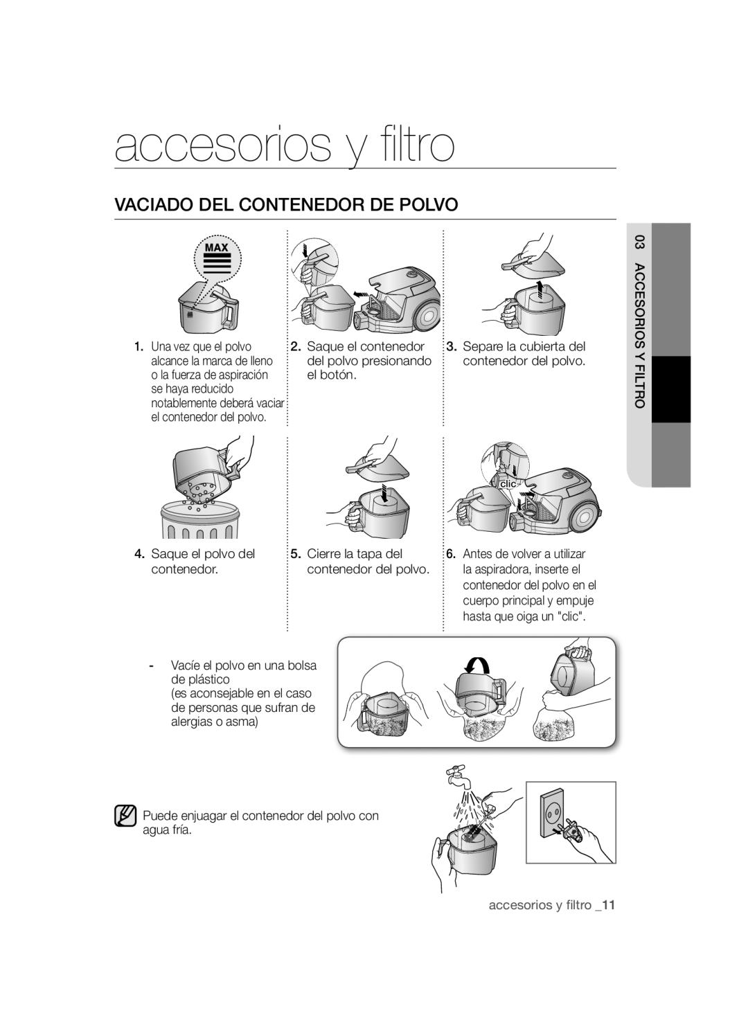 Samsung VC08QHNDCBB/EC, VC12QHNDCBB/EC manual Vaciado DEL Contenedor DE Polvo 