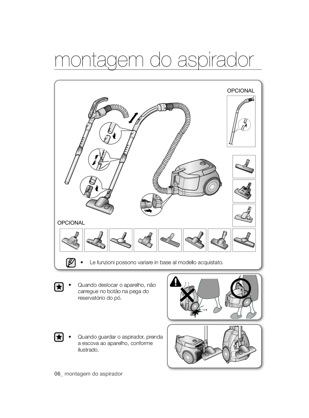 Samsung VC12QHNDCBB/EC, VC08QHNDCBB/EC manual Montagem do aspirador, Opcional 