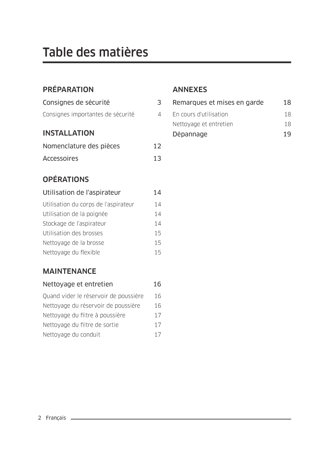 Samsung VC13M3110VG/AC manual Table des matières, Préparation Annexes 