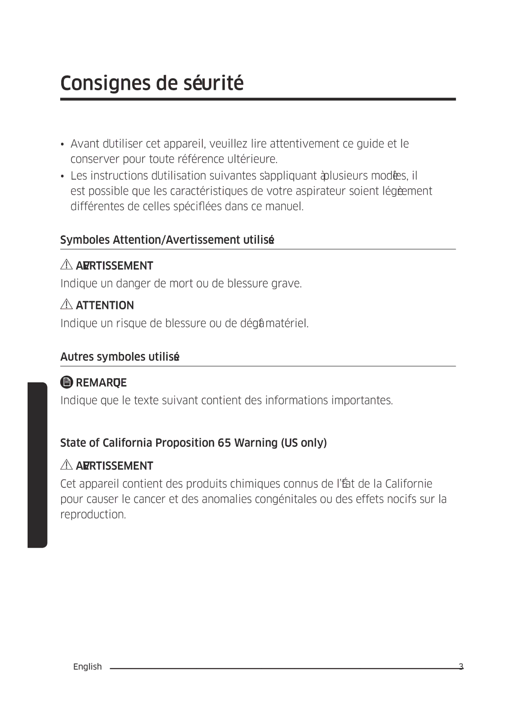 Samsung VC13M3110VG/AC manual Consignes de sécurité, Avertissement, Remarque 