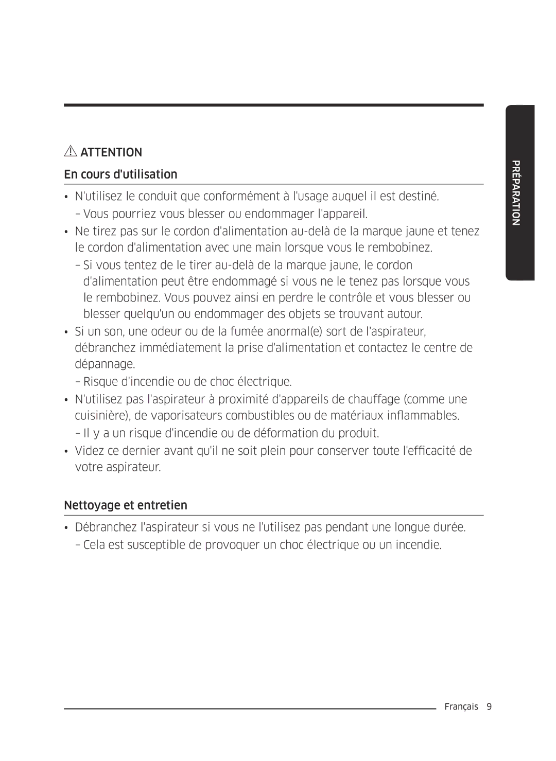 Samsung VC13M3110VG/AC manual Préparation 