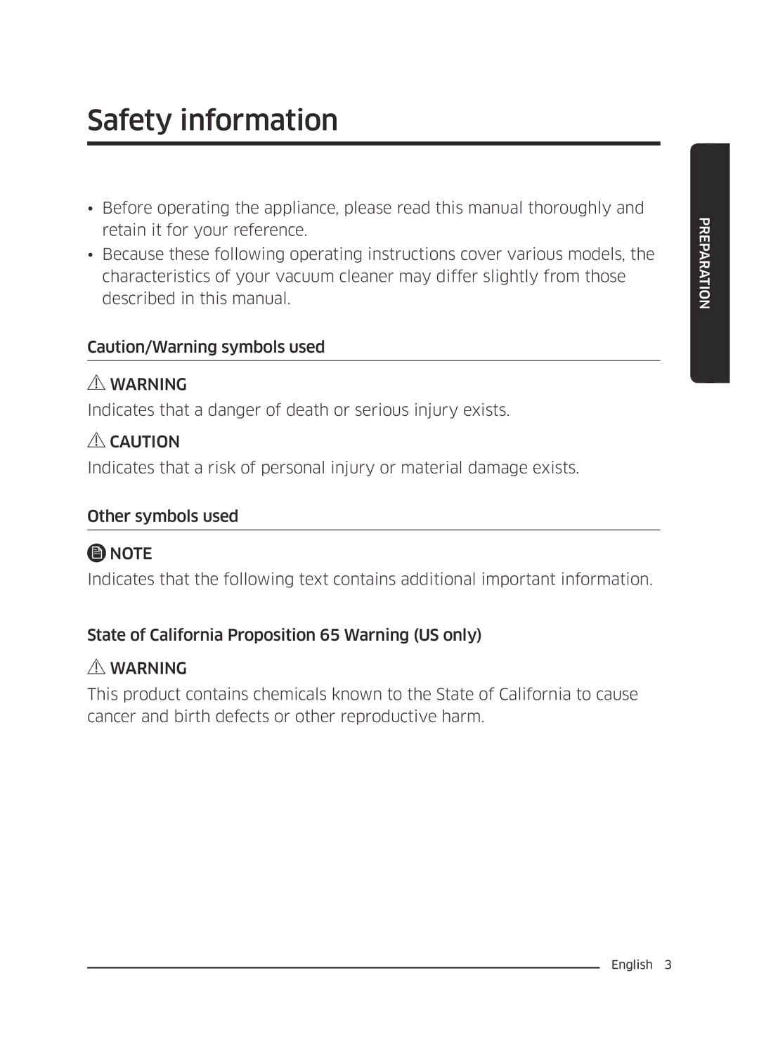 Samsung VC13M3110VG/AC manual Safety information 