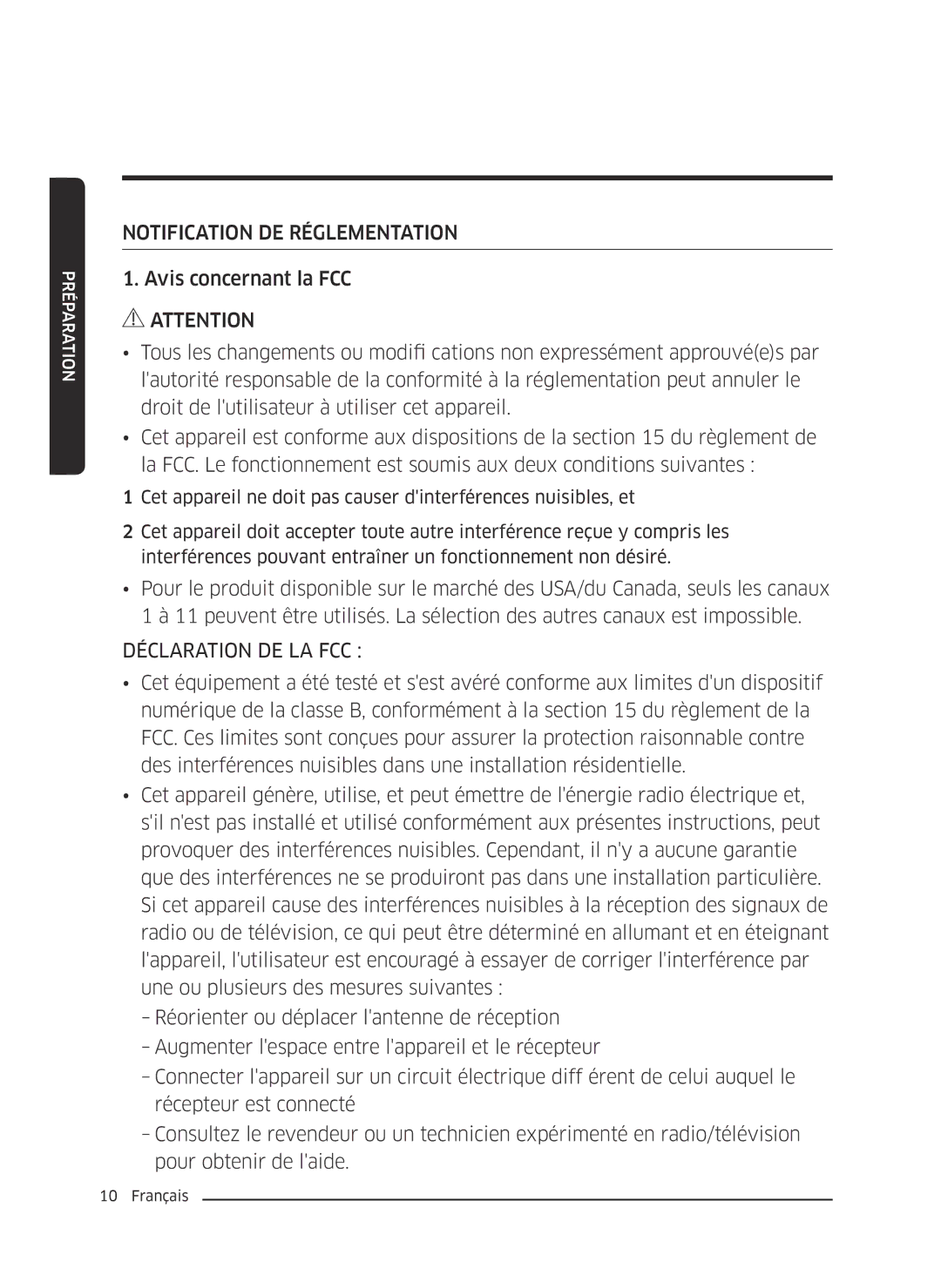 Samsung VC13M3110VG/AC manual Notification DE Réglementation, Déclaration DE LA FCC 