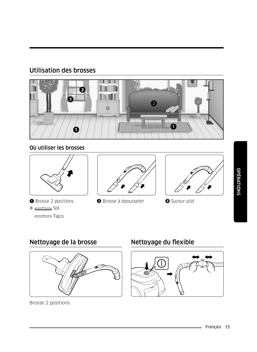 Samsung VC13M3110VG/AC manual Utilisation des brosses, Nettoyage de la brosse Nettoyage du flexible 