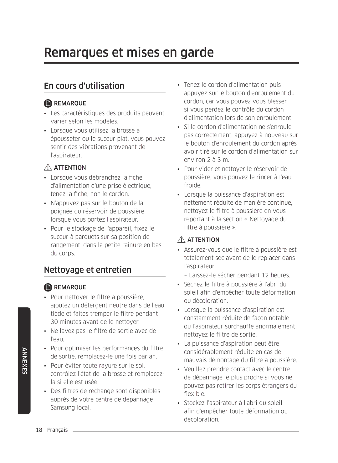 Samsung VC13M3110VG/AC manual Remarques et mises en garde, En cours dutilisation, Nettoyage et entretien 