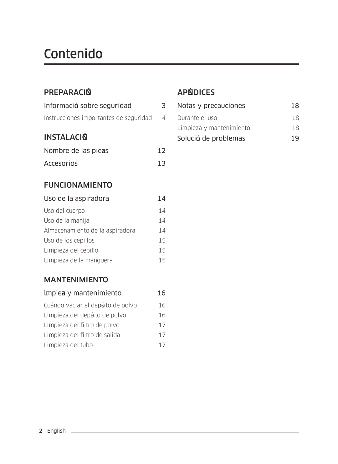 Samsung VC13M3110VG/AC manual Contenido, Preparación Apéndices 