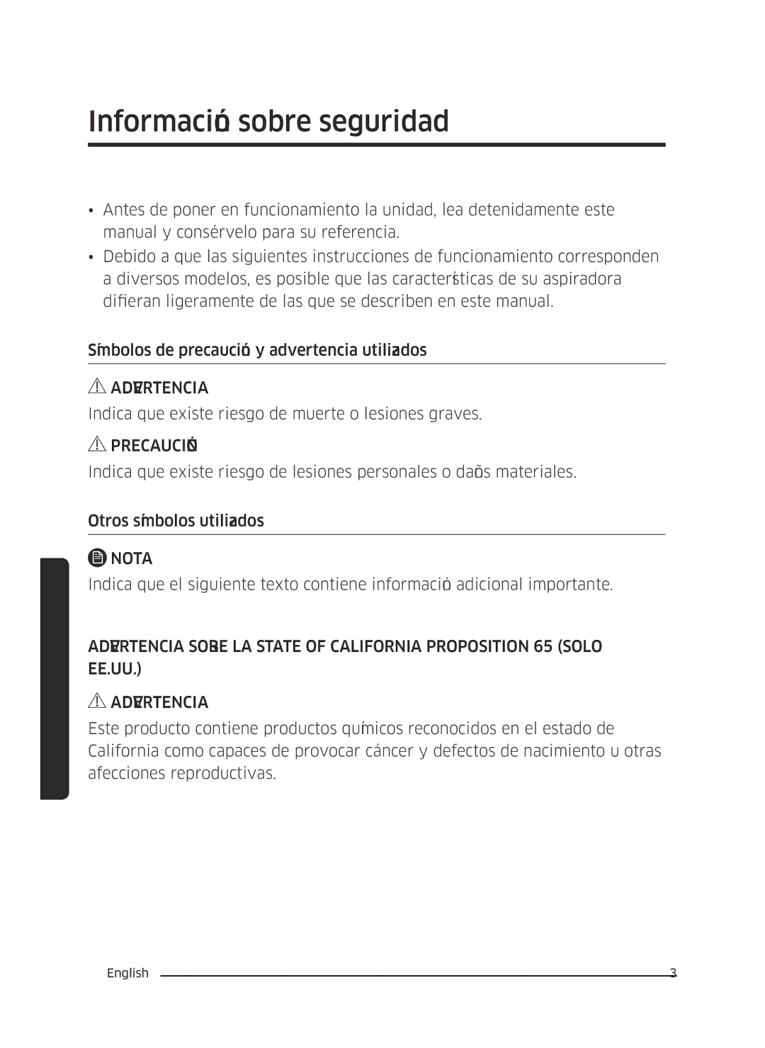 Samsung VC13M3110VG/AC manual Información sobre seguridad, Advertencia, Precaución, Nota 