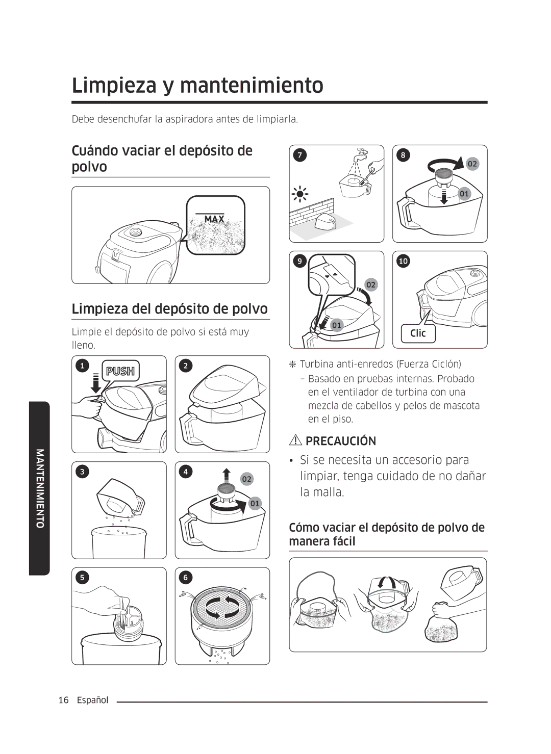 Samsung VC13M3110VG/AC manual Limpieza y mantenimiento, Cuándo vaciar el depósito de polvo, Limpieza del depósito de polvo 