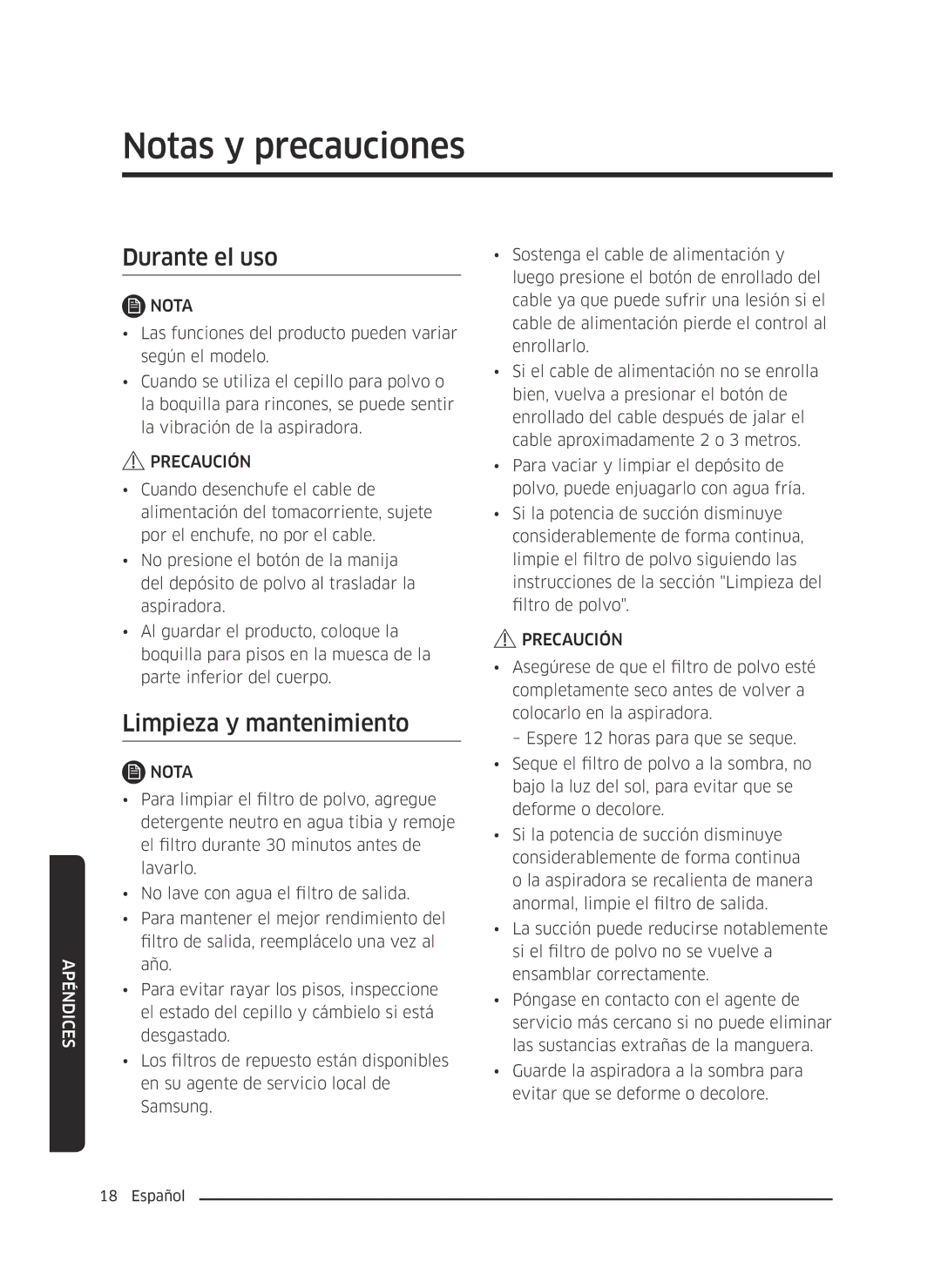 Samsung VC13M3110VG/AC manual Notas y precauciones, Durante el uso, Limpieza y mantenimiento 