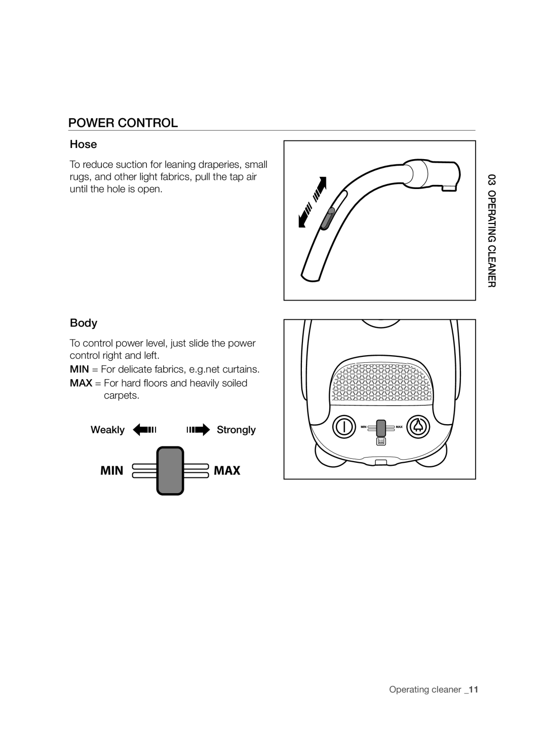 Samsung VC15F30WNCN/SW, VC15F30WNBR/GE, VC15F30WNCN/GE manual Power Control, Hose, Body 