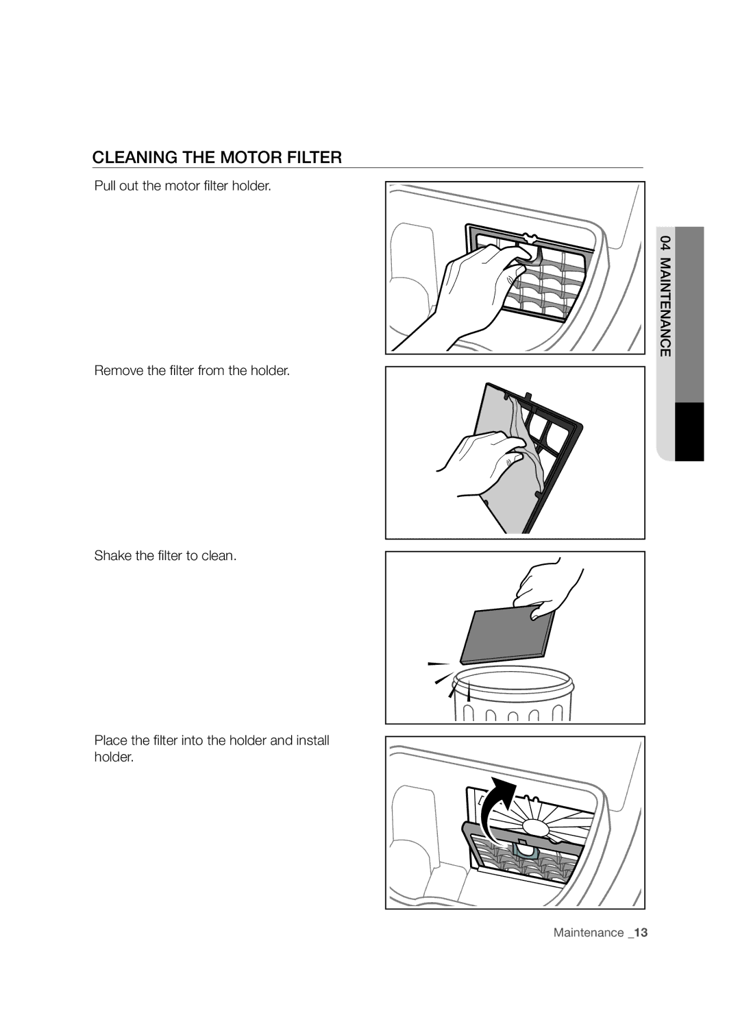 Samsung VC15F30WNCN/GE, VC15F30WNBR/GE, VC15F30WNCN/SW manual Cleaning the Motor Filter 