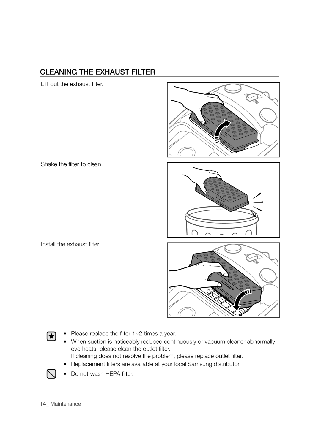 Samsung VC15F30WNCN/SW, VC15F30WNBR/GE, VC15F30WNCN/GE manual Cleaning the Exhaust Filter 