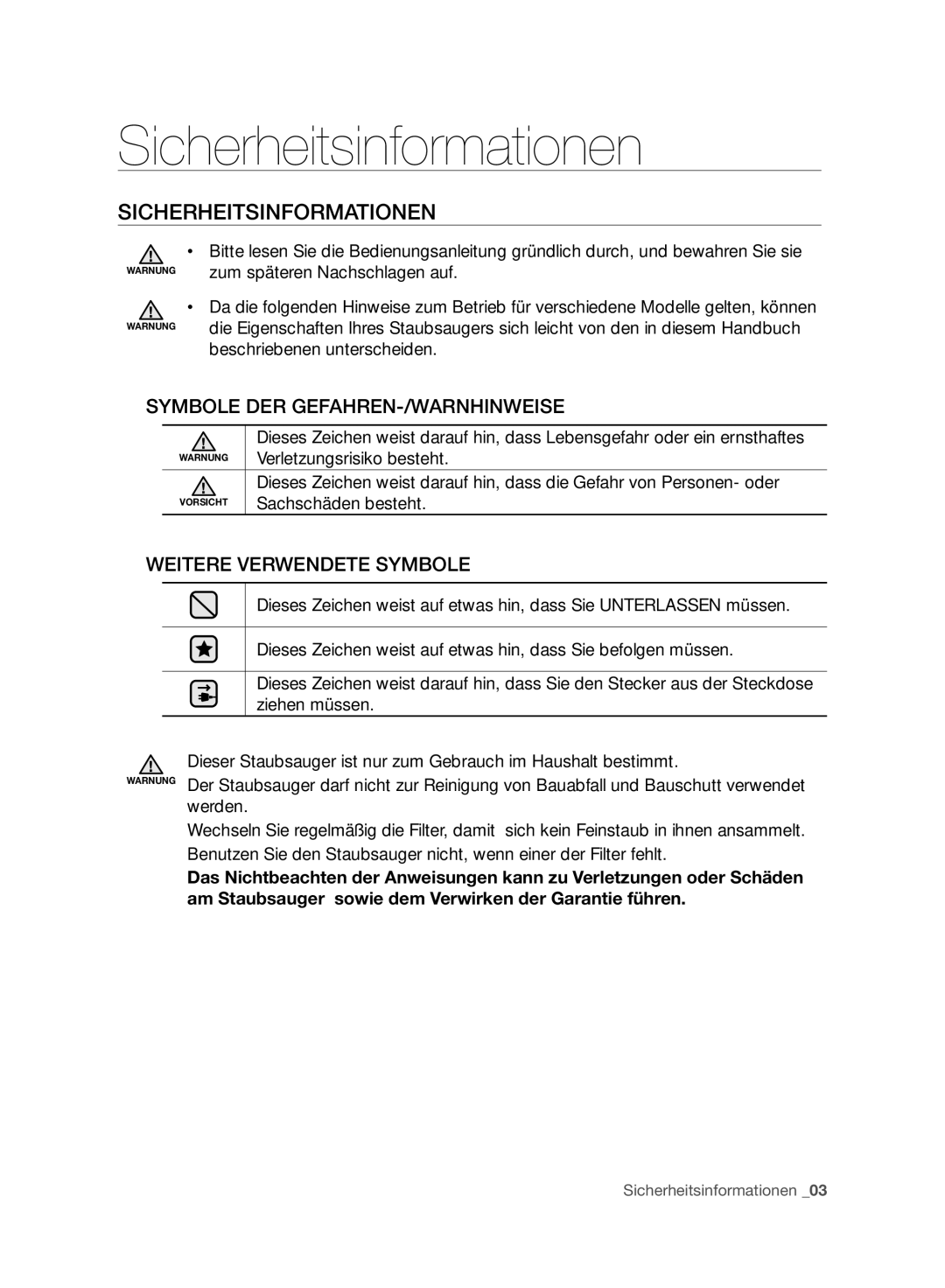 Samsung VC15F30WNCN/SW, VC15F30WNBR/GE, VC15F30WNCN/GE manual Sicherheitsinformationen 