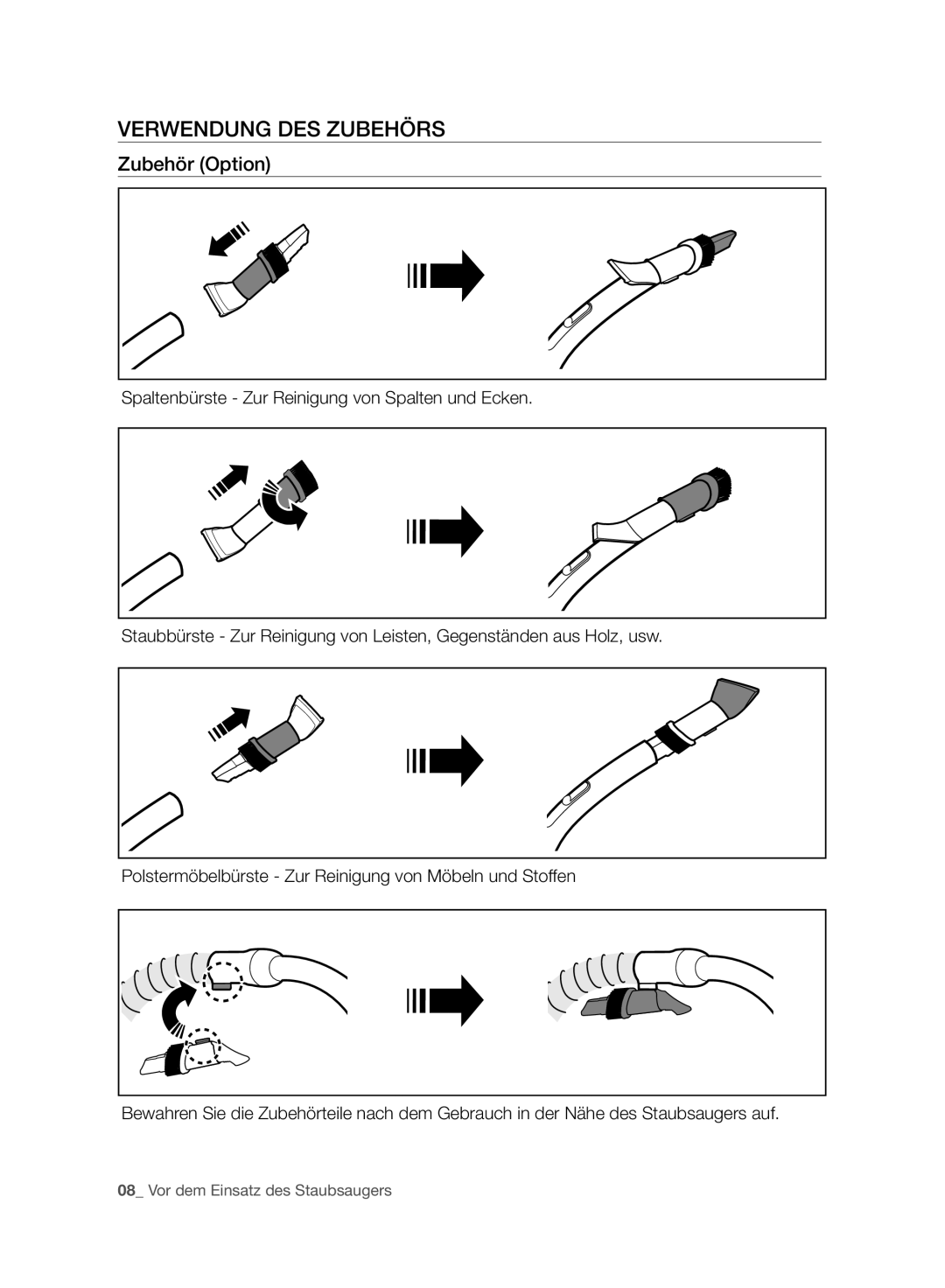 Samsung VC15F30WNCN/GE, VC15F30WNBR/GE, VC15F30WNCN/SW manual Verwendung DES Zubehörs, Zubehör Option 