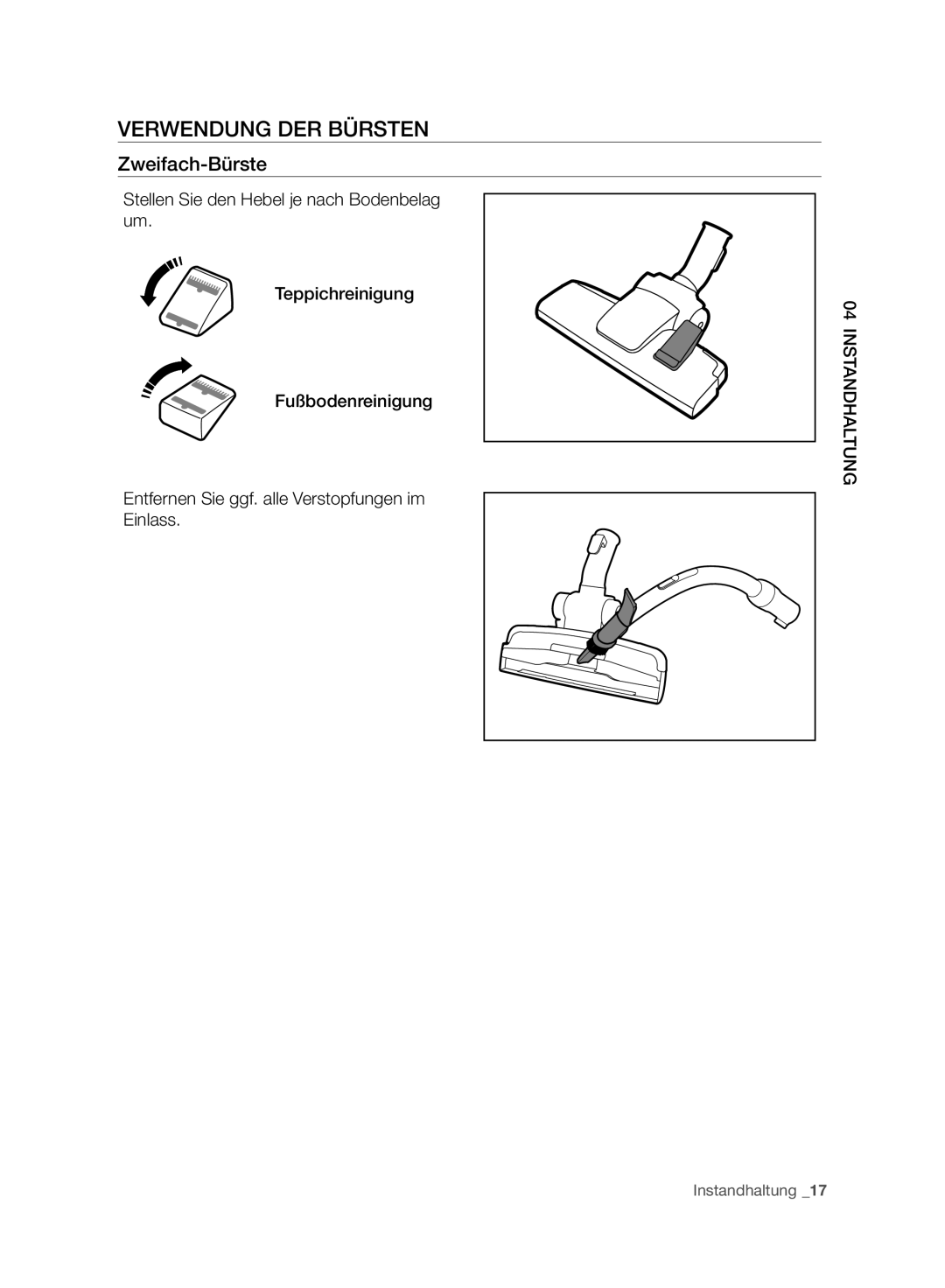 Samsung VC15F30WNCN/GE, VC15F30WNBR/GE, VC15F30WNCN/SW manual Verwendung DER Bürsten, Zweifach-Bürste 