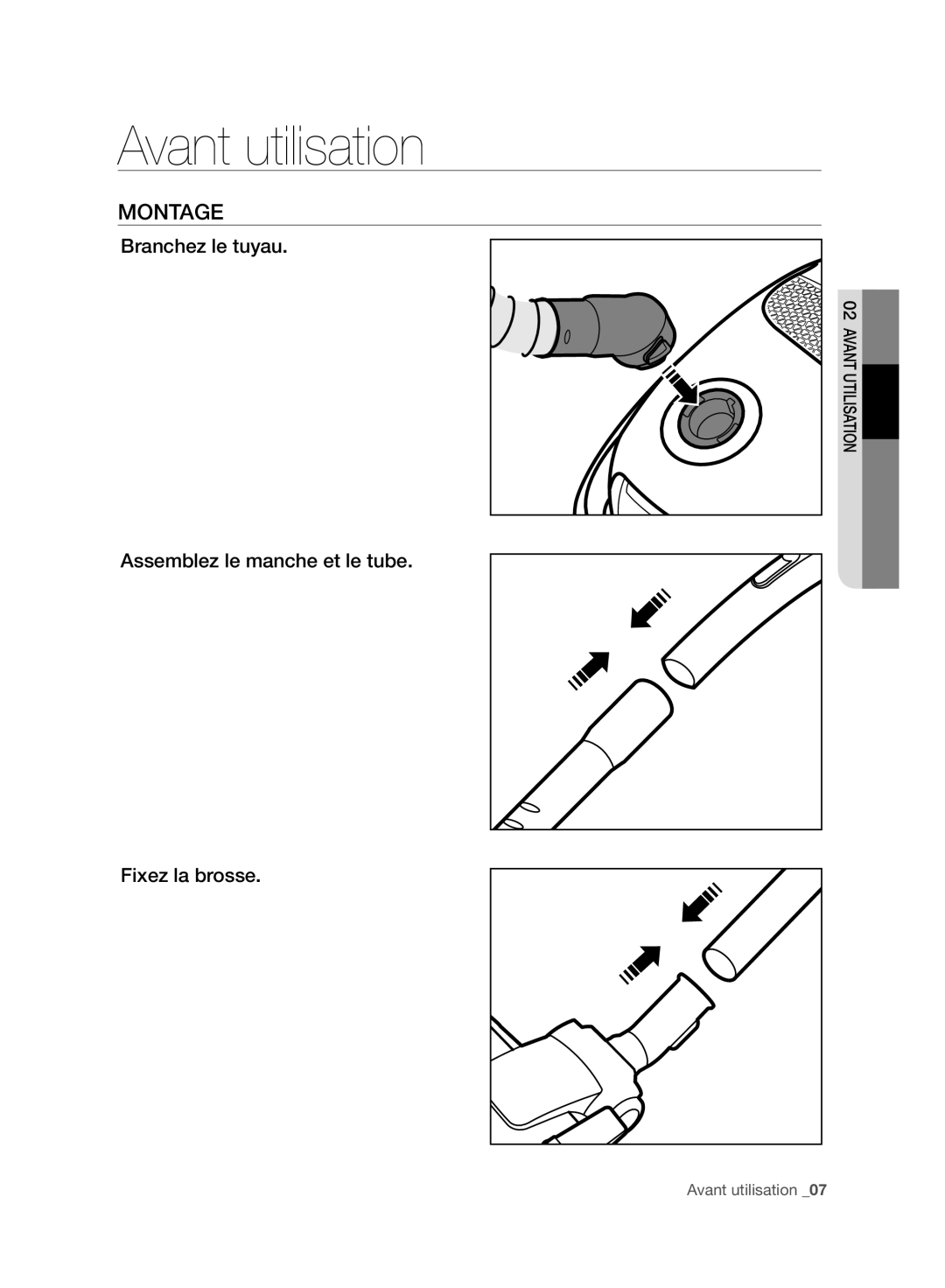 Samsung VC15F30WNCN/SW, VC15F30WNBR/GE, VC15F30WNCN/GE manual Avant utilisation, Montage 