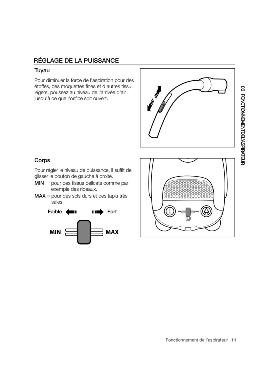 Samsung VC15F30WNBR/GE, VC15F30WNCN/GE, VC15F30WNCN/SW manual Réglage DE LA Puissance, Tuyau, Corps 